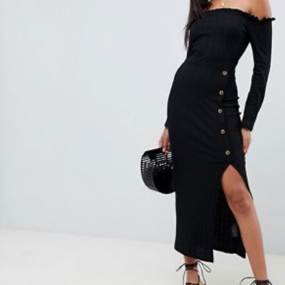 Black Midi Ribbed Slit Off Shoulder Black Dress S